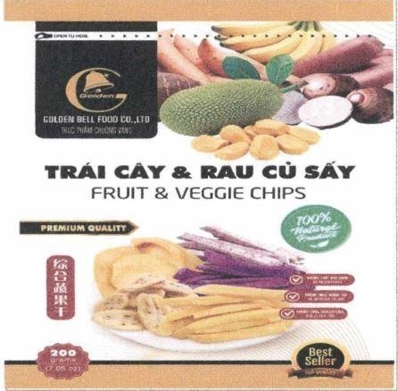 Golden GOLDEN BELL FOOD CO., LTD THỰC PHẨM CHUÔNG VÀNG TRÁI CÂY VÀ RAU CỦ SẤY FRUIT & VEGGIE CHIPS PREMIUM QUALITY [trống hở cán quồ: trái cây và rau củ sấy] 