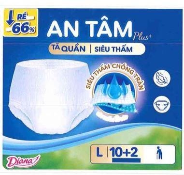 Nhãn hiệu AN TÂM Plus+ TÃ QUẦN SIÊU THẤM SIÊU THẤM CHỐNG TRÀN Diana L 10+2 RẺ 66%  của Công ty cổ phần Diana Unicharm, số đơn 4-2026-05370