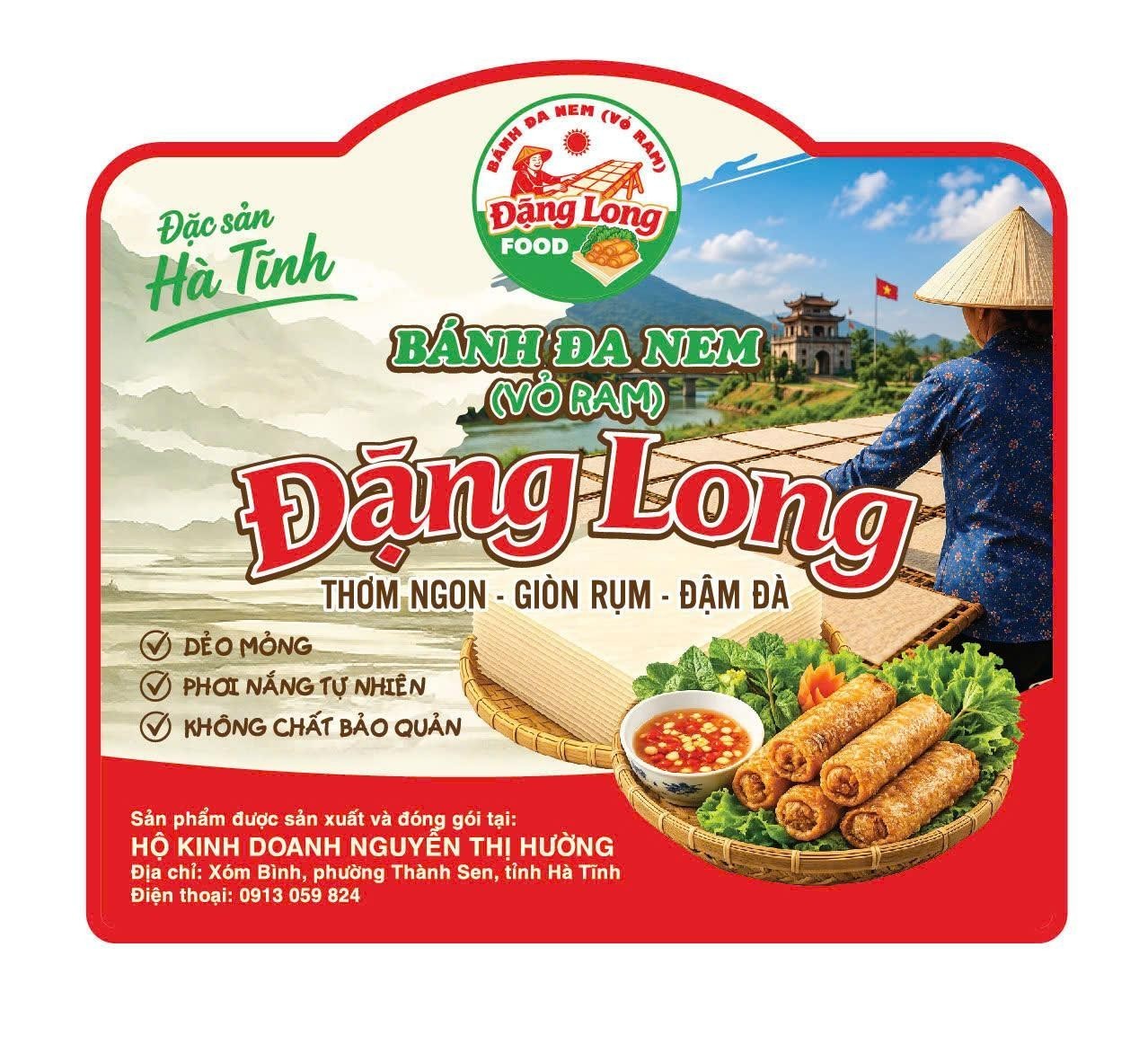 Nhãn hiệu BÁNH ĐA NEM (VỎ RAM) ĐẶNG LONG FOOD THƠM NGON - GIÒN RỤM - ĐẬM ĐÀ  của Hộ kinh doanh Nguyễn Thị Hường, số đơn 4-2026-28626