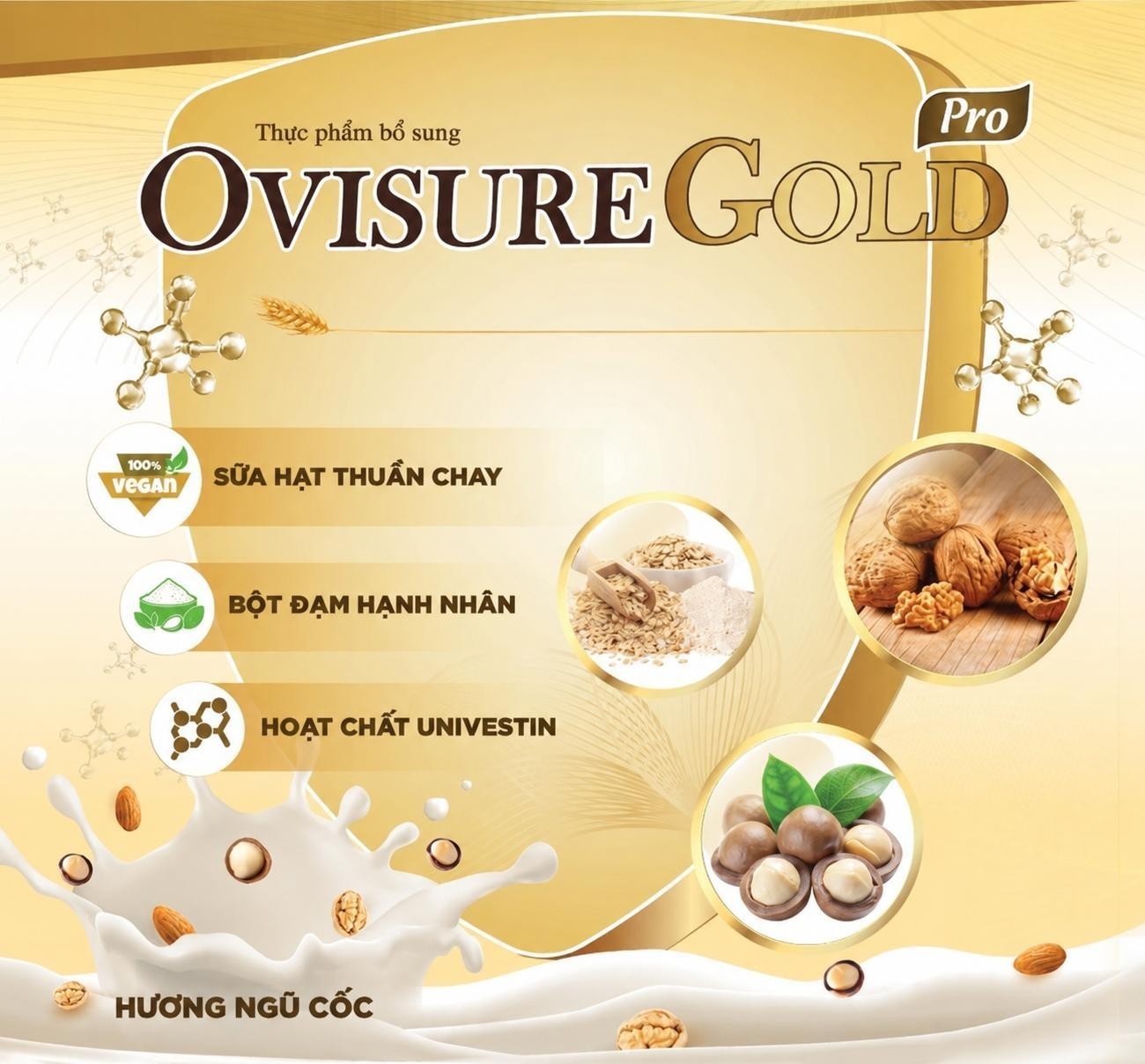 OVISURE GOLD Pro Thực phẩm bổ sung 100% VEGAN SỮA HẠT THUẦN CHAY BỘT ĐẠM HẠNH NHÂN HOẠT CHẤT UNIVESTIN HƯƠNG NGŨ CỐC 